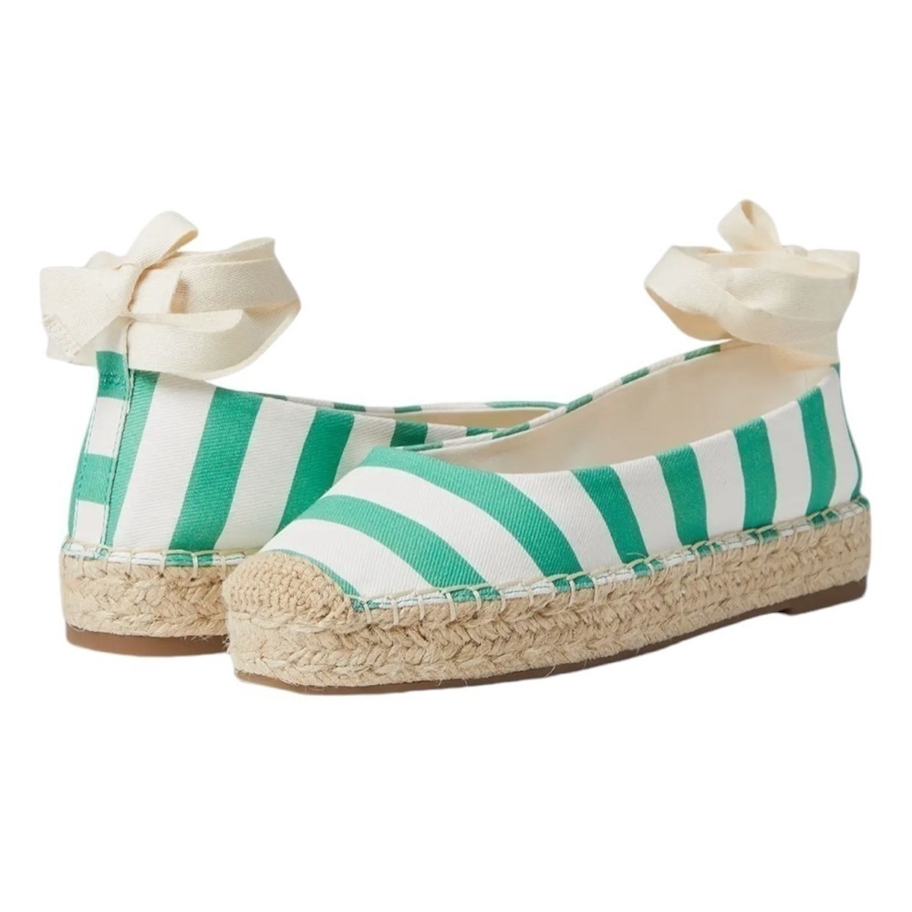 Striped Green and White Espadrille Flats with Ankle Tie